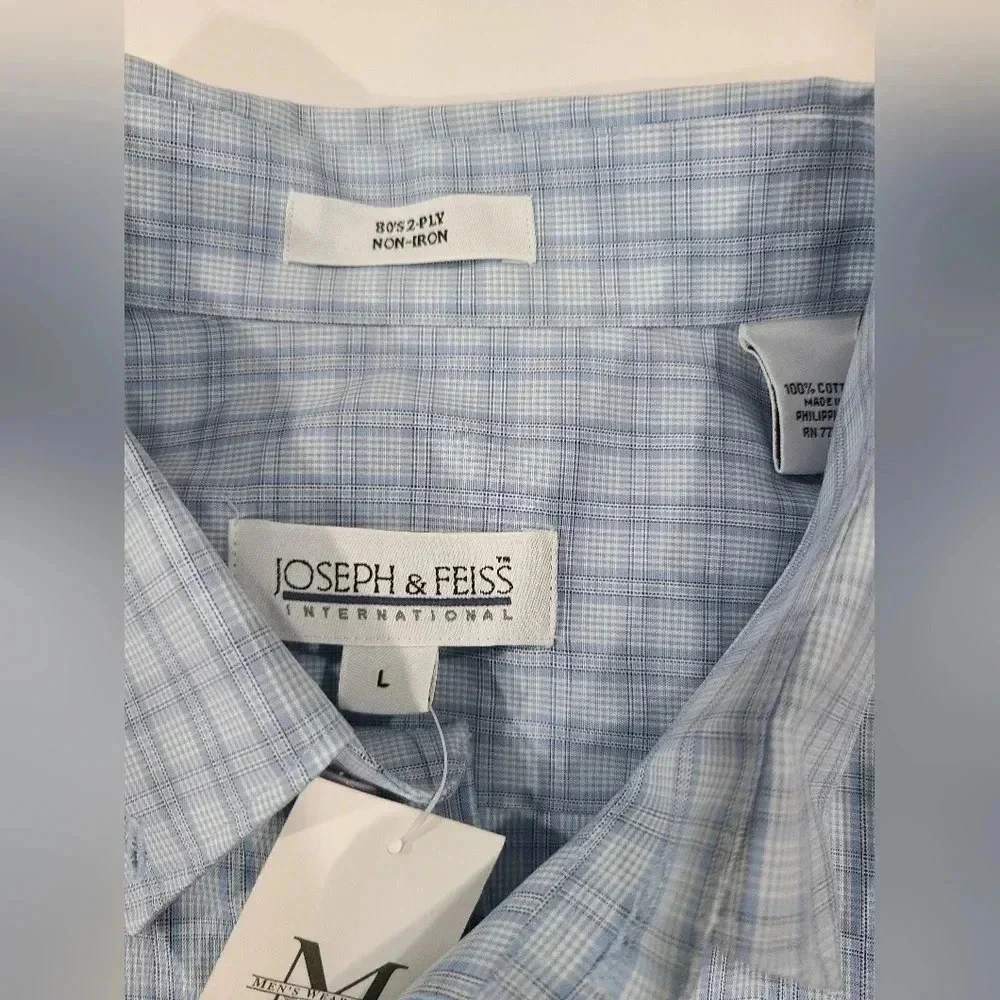 NWT Joseph & Feiss Large Cotton 80's 2 Ply Non Iron Button Up Checkered Blue‎